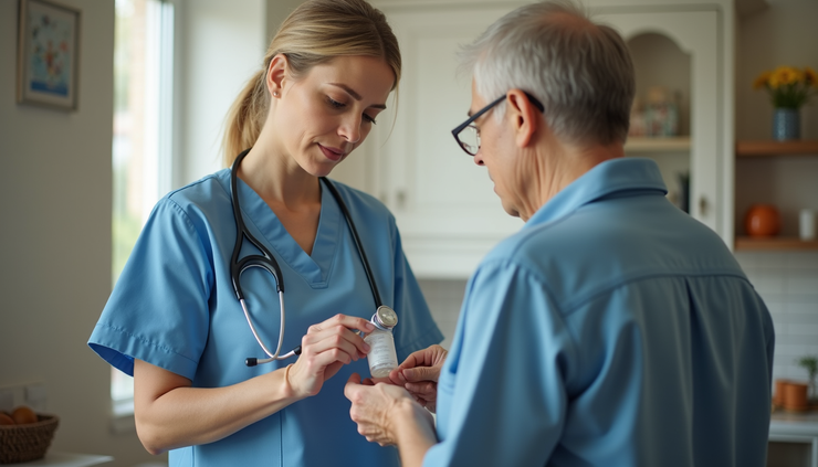 Eye-level view of a certified home health aide organizing medication for a senior client in a cozy living room