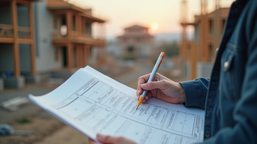 Close-up view of a contractor reviewing blueprints on a construction site