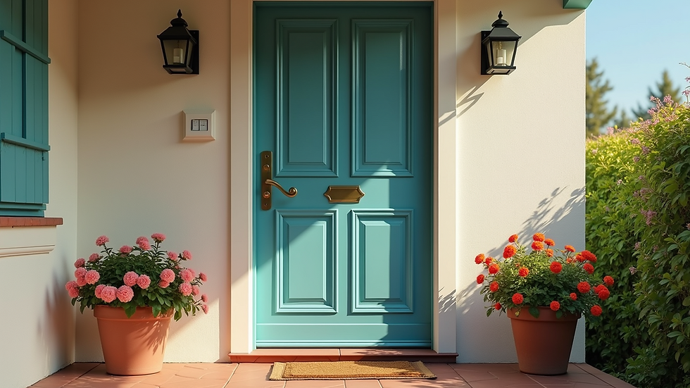 Eye-level view of a freshly painted front door with flower pots on the porch