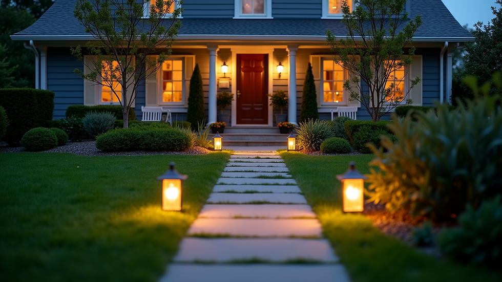 High angle view of a landscaped front yard with pathway lighting