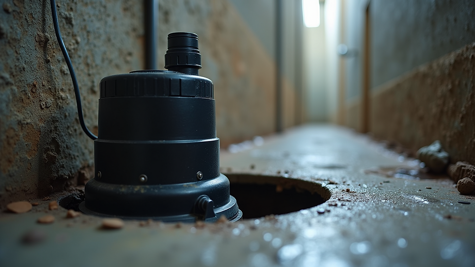 Close-up view of a sump pump installed in a basement floor pit