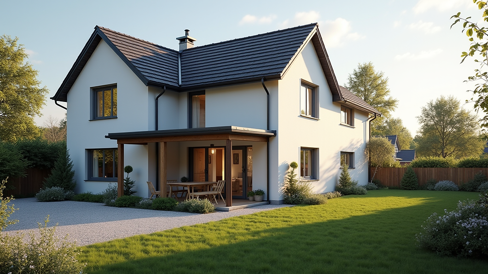 Wide angle view of a house exterior with new roof and windows
