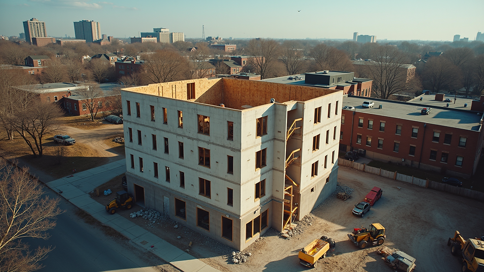 High angle view of a construction site in Cleveland with workers remodeling a residential building