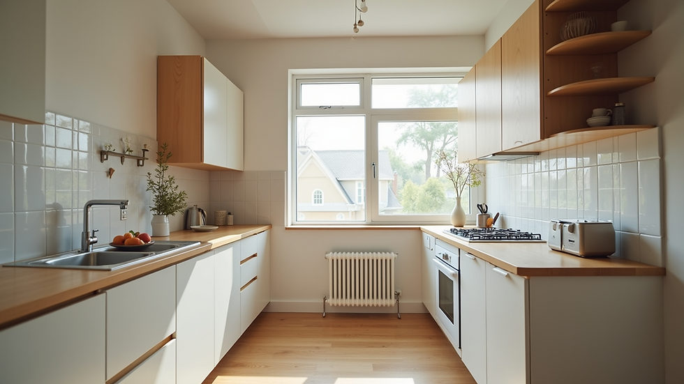 Wide angle view of a partially renovated kitchen with new cabinets and countertops