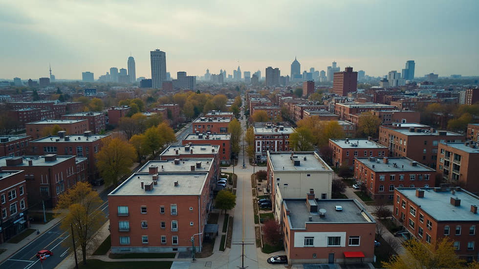 High angle view of a Cleveland neighborhood with mixed residential and commercial buildings