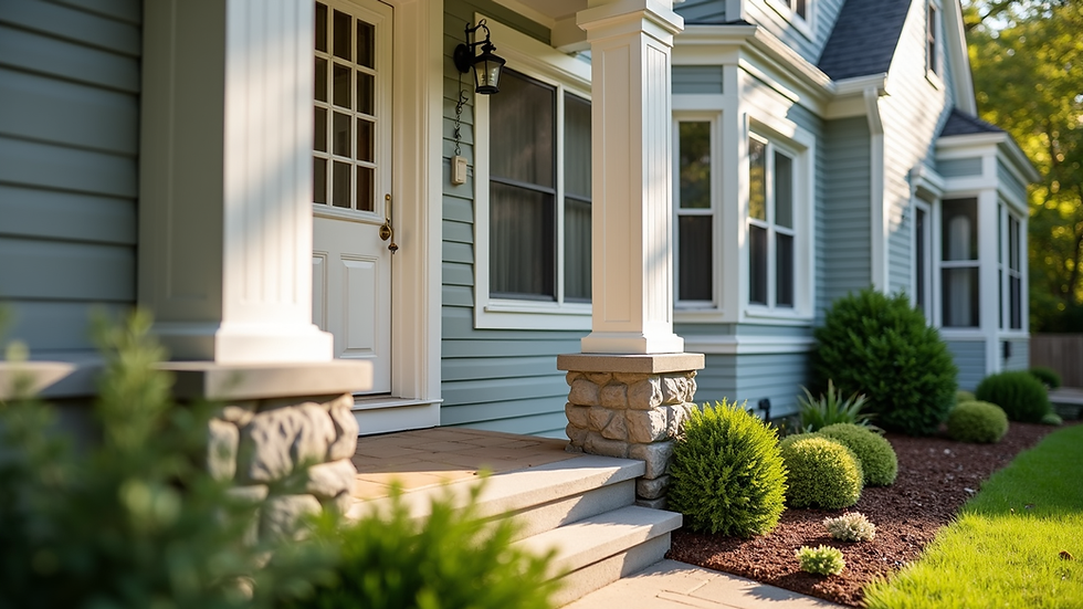 Close-up view of a renovated Cleveland rental property exterior with fresh paint and landscaping