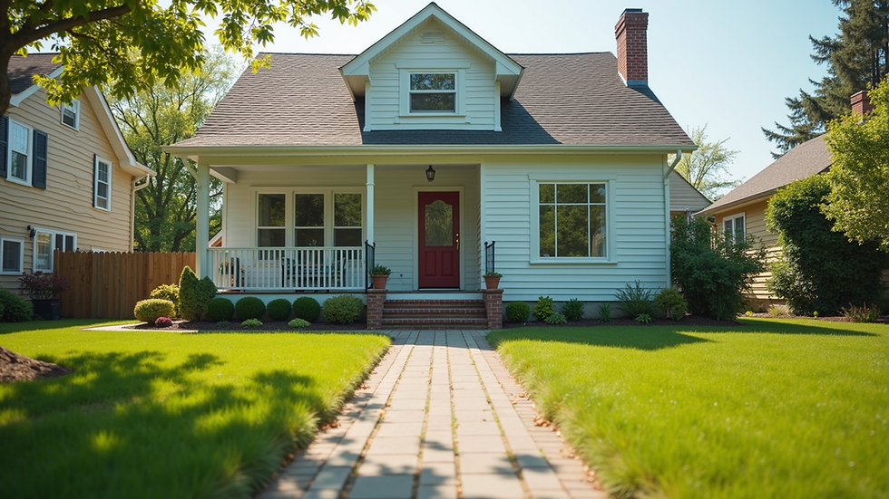 Eye-level view of a freshly painted house exterior with new landscaping