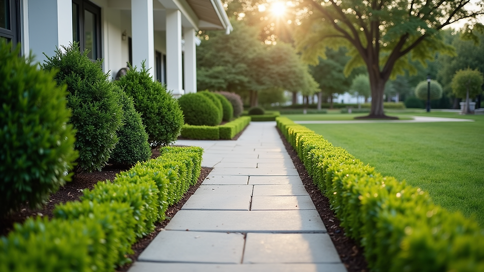 High angle view of a well-maintained front yard with trimmed bushes and clean walkway