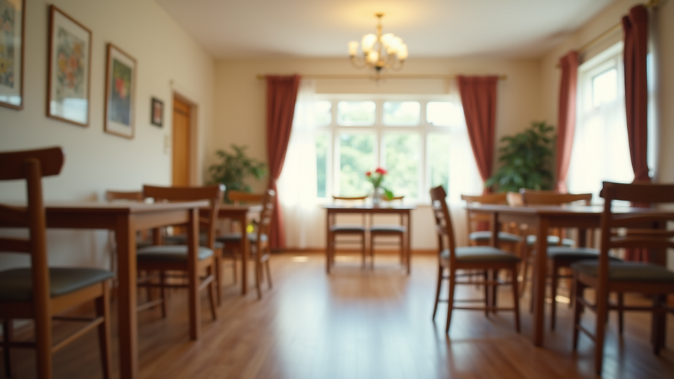 Eye-level view of a cozy elderly day care activity room with tables and chairs