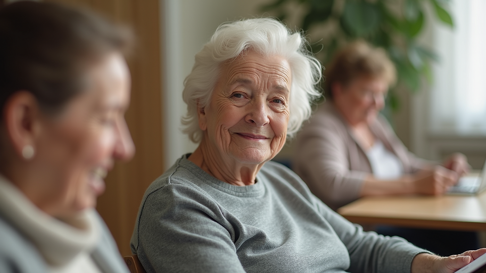 Close-up view of a senior woman participating in a group activity at a day care center