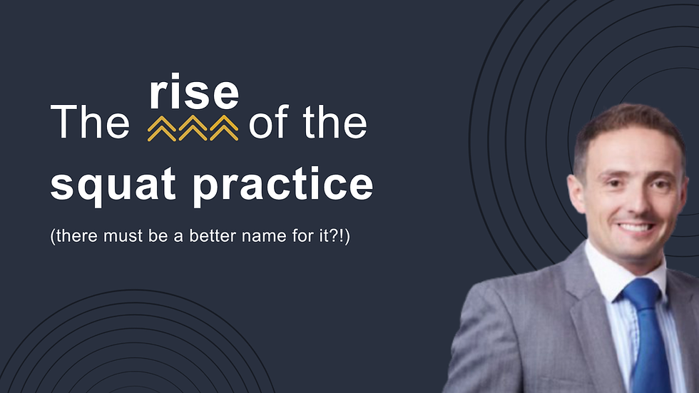 Dark blue slide with smiling man, Thomas Coates, in gray suit and blue tie; text reads The rise of the squat practice with orange chevrons.