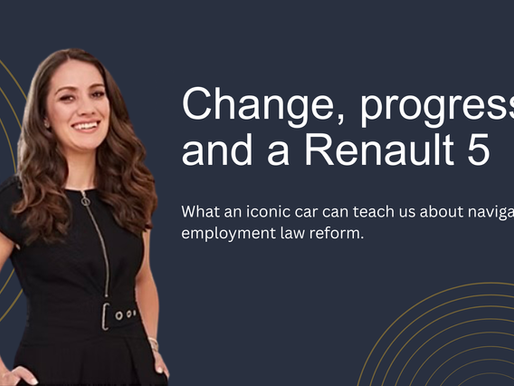 Smiling woman in black dress beside text: Change, progress and a Renault 5, on dark blue background with gold arcs.