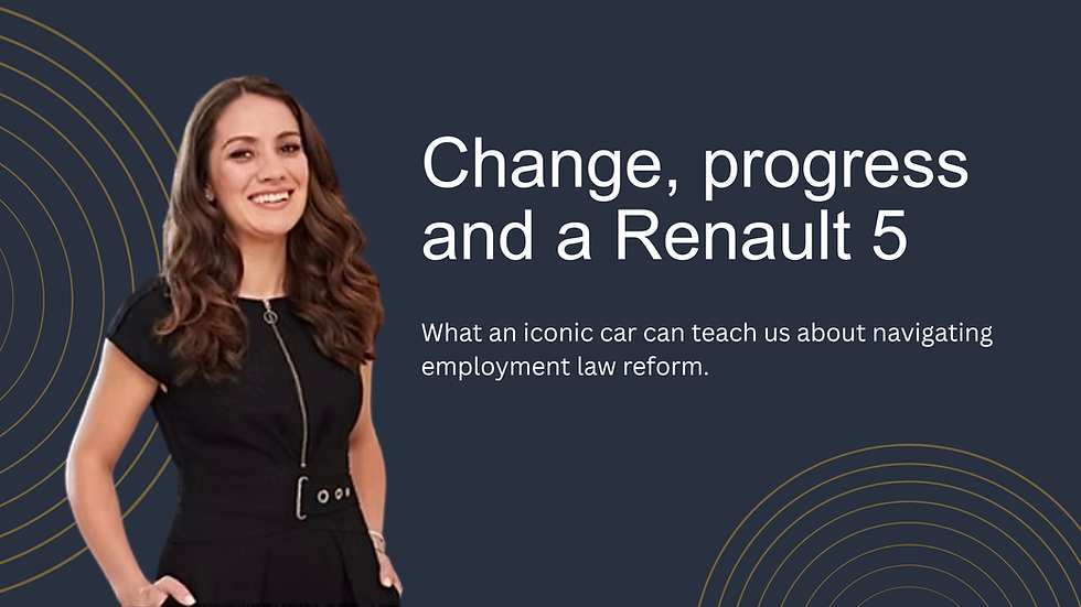 Smiling woman in black dress beside text: Change, progress and a Renault 5, on dark blue background with gold arcs.