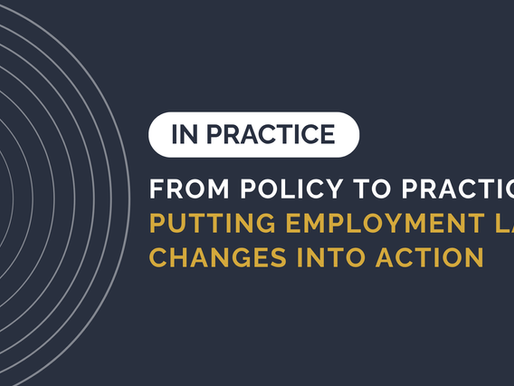 Dark navy slide with gray concentric arcs and text: IN PRACTICE, FROM POLICY TO PRACTICE, PUTTING EMPLOYMENT LAW CHANGES INTO ACTION