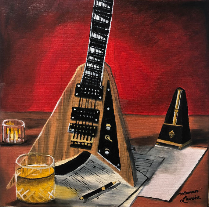 Œuvre originale de Manon Lavoie représentant une guitare électrique, des partitions musicales et un métronome sur fond rouge. Cette peinture contemporaine célèbre la création musicale, l’inspiration artistique et la passion de la musique.