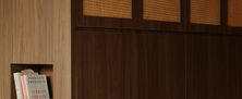 Custom Eclectic bedroom wardrobe featuring two-tone wood veneer panels and an integrated recessed bedside nook.