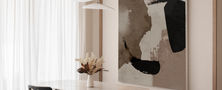 Spacious Japandi dining room layout featuring a wooden dining table bench seating dark wood chairs and large abstract wall art.