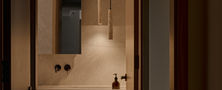 Framed doorway perspective looking into a warm Light Resort Japandi bathroom featuring stone vanity sink and pendant light.