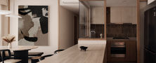 Spacious Japandi dining room layout featuring a wooden dining table bench seating dark wood chairs and large abstract wall art.