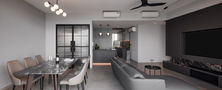 Expansive open-plan living and dining interior featuring marble dining table set, low-profile leather modular sofa, ceiling fan, and dark media wall.