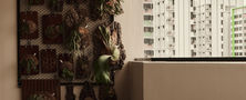 Compact modern balcony display featuring a wall grid plant organizer, potted flora, and urban window views.