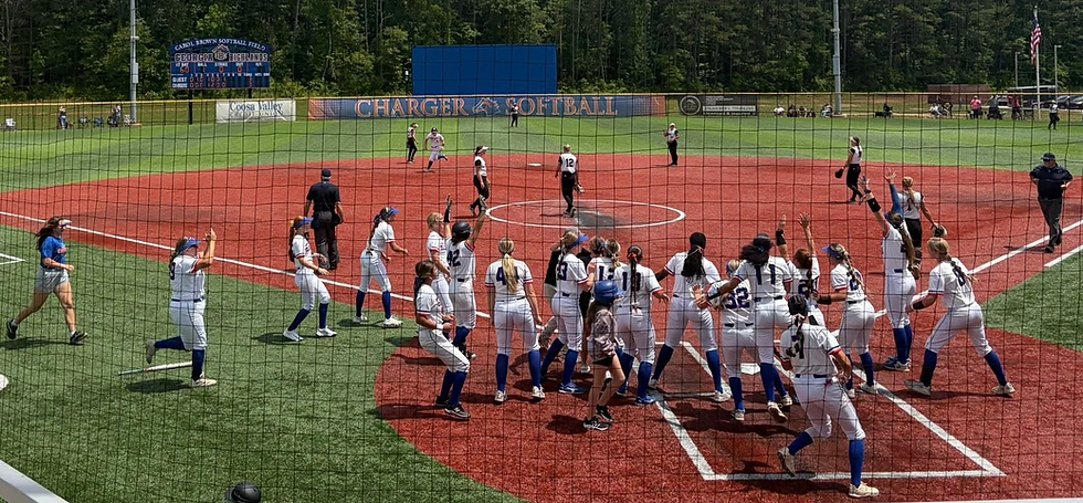 Georgia Highlands players celebrate as Athens Hudson completes her home run, giving the Chargers the 2026 GCAA conference championship. / Photos courtesy GHC Softball Facebook and GHCChargers.com.