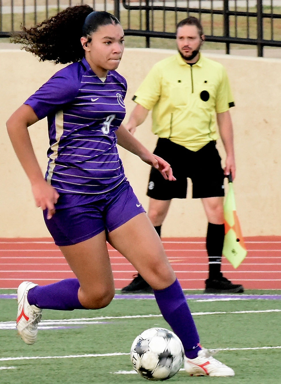Freshman defender Sofia Mayorga moves upfield April 23 in the Lady Canes' playoff loss to Pace Academy. RANDY PARKER / THE DAILY TRIBUNE NEWS