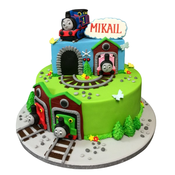 Bespoke Thomas the Tank Engine celebration cake with colorful train characters, crafted in Solihull, West Midlands.