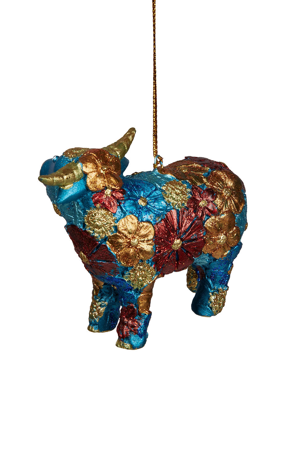 Thumbnail: Christmas Tree Decoration- Blue Cow with Flowers, Hand Sculpted