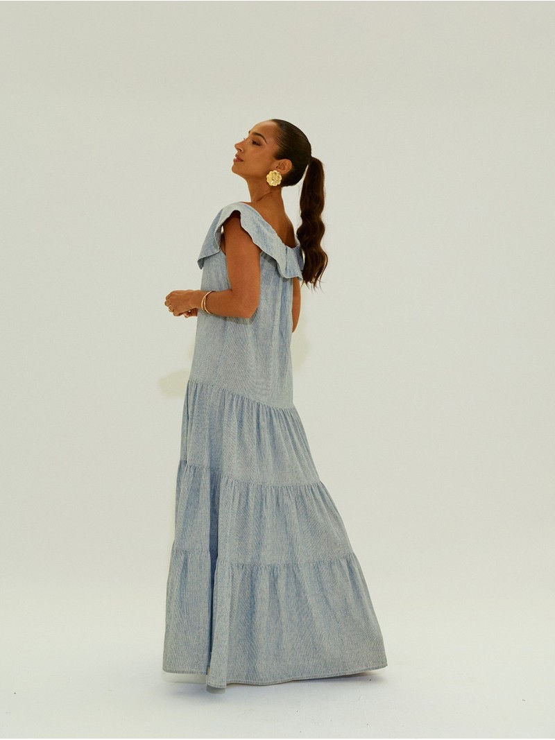 Miniatura: Vestido comprido em linho com decote quadrado
