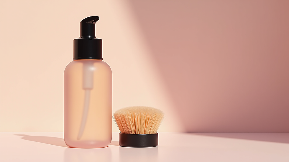 Eye-level view of a beauty serum bottle next to a spoolie brush