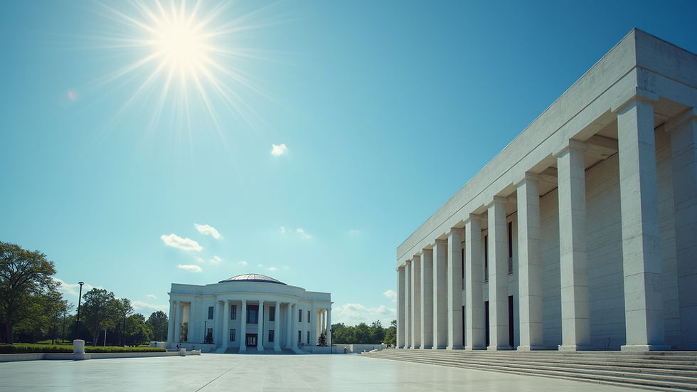 Eye-level view of a government building with a clear blue sky