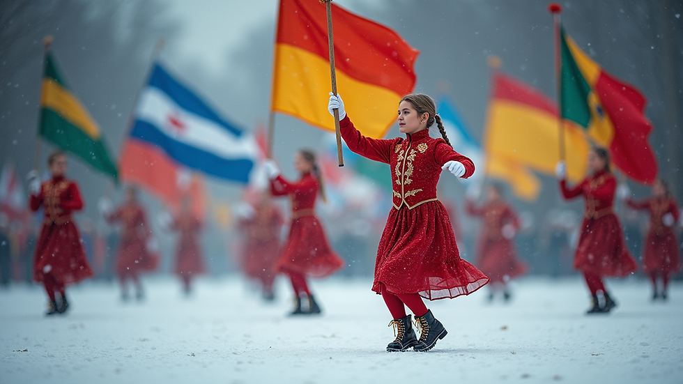 Eye-level view of a Winter Guard performance showcasing colorful flags