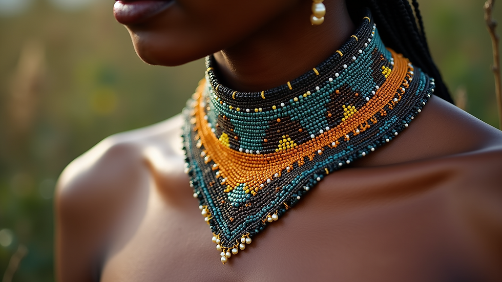 Close-up view of a handcrafted African necklace with intricate beadwork