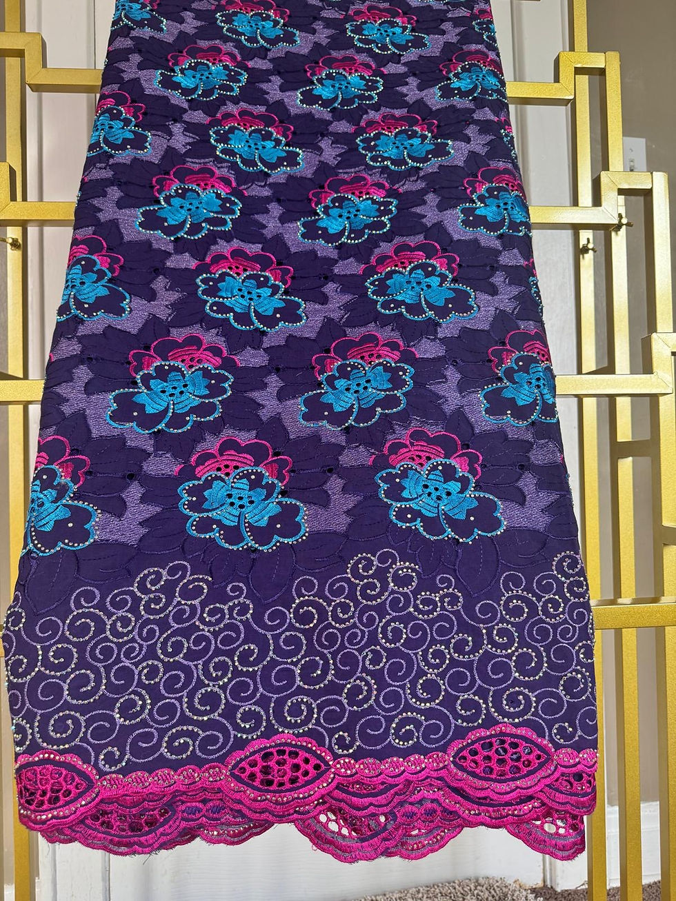 Thumbnail: Beaded Broderie Fabric Flower Purple - Premium Handcrafted African Textile