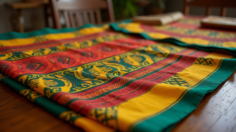 Eye-level view of colorful African kente cloth displayed on a wooden table
