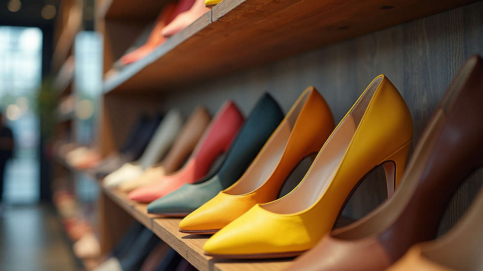 Eye-level view of a display of colorful handmade shoes in a boutique