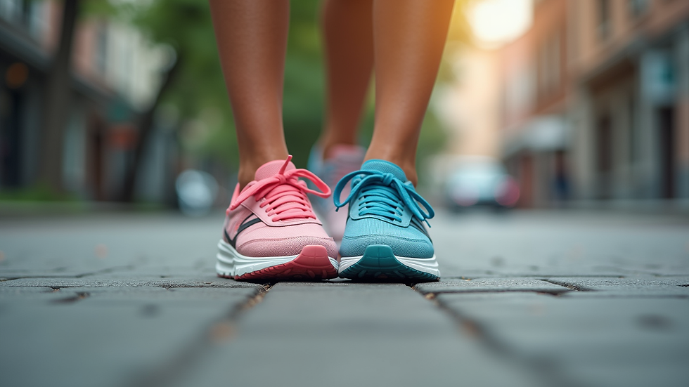 Eye-level view of colorful women's sneakers on pavement
