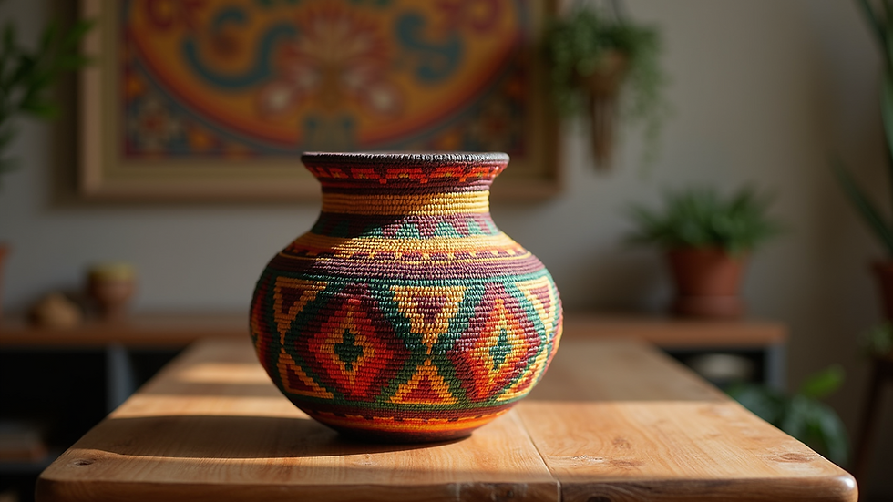 Eye-level view of a colorful handmade African basket on a wooden table