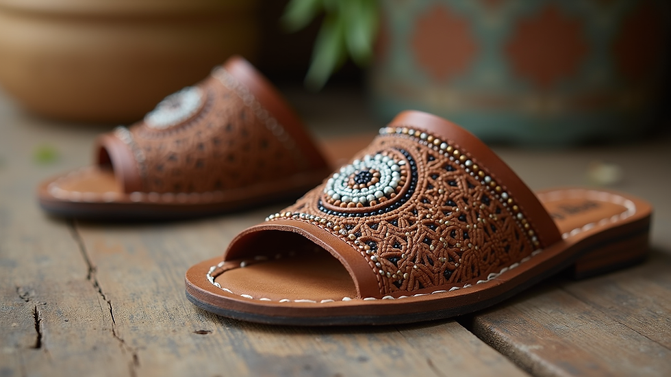 Eye-level view of handmade leather sandals with intricate beadwork on a rustic surface