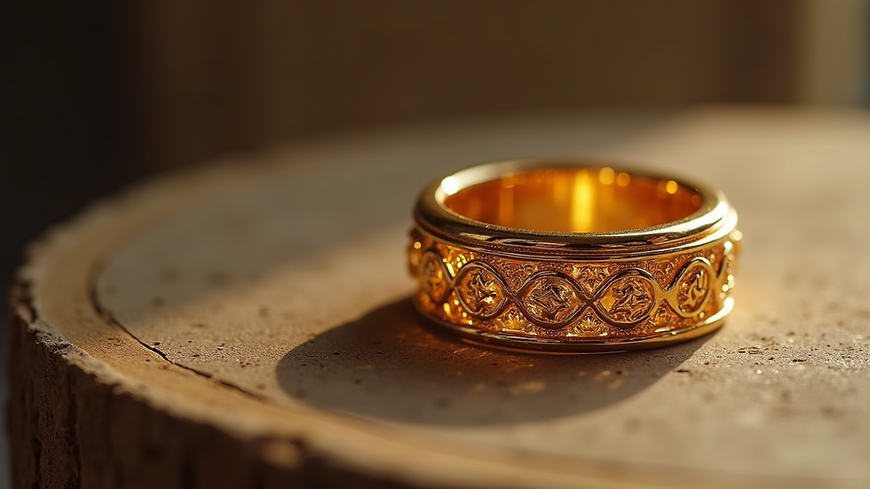 Eye-level view of a luxurious gold ring with intricate Middle Eastern design