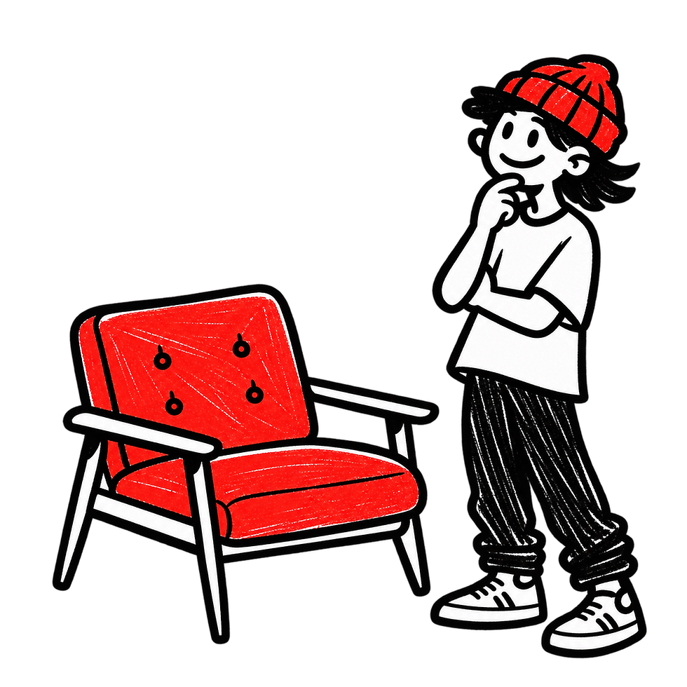 Nachdenkliche Figur neben rotem Sessel.png