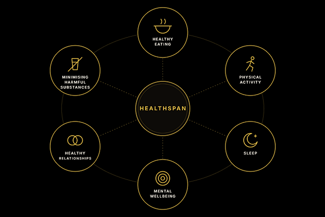 Diagram of six connected pillars around healthspan: healthy eating, physical activity, sleep, mental wellbeing, healthy relationships and minimising harmful substances.