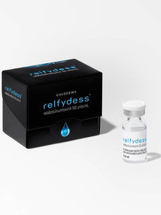 Black box and clear vial labeled "relfydess" with blue text on a white background. Box features a blue droplet graphic.
