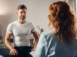 Man in white shirt sitting, smiling at a woman with curly hair in a medical office. Calm atmosphere, bright lighting, no visible text.
