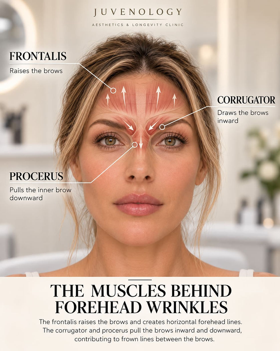 Infographic of a woman’s face in a clinic, showing forehead muscle diagrams and labels for frontalis, corrugator, and procerus.