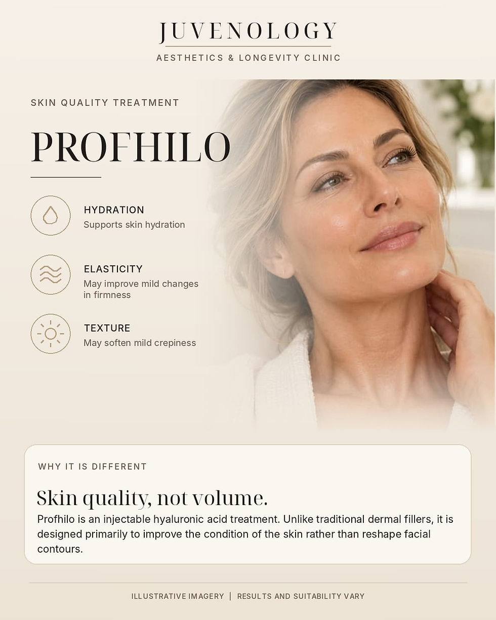 Promotional ad for Juveology Prohilo skin treatment, showing a smiling woman and text on hydration, elasticity, and texture.