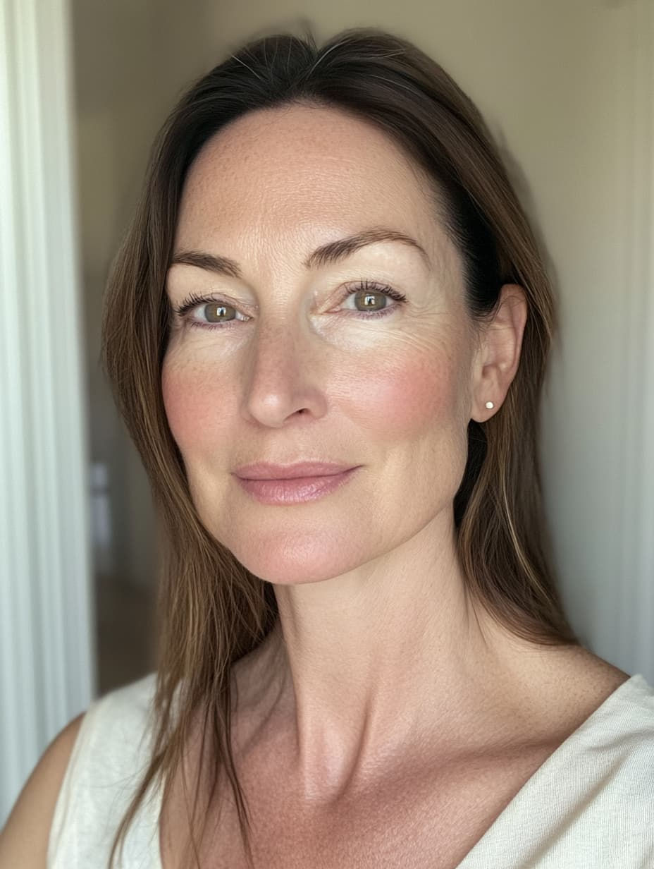 Portrait of a smiling middle-aged woman with healthy, plump skin, demonstrating the results of collagen banking and hydrated, youthful appearance.
