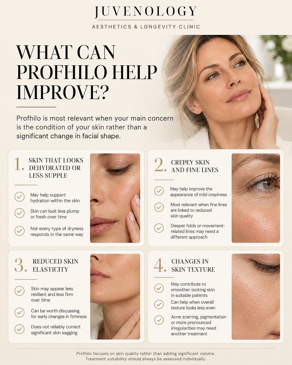Infographic from Juvenology clinic showing a woman and four Profhilo skin benefits: hydration, fine lines, elasticity, texture.