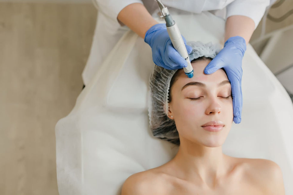 Person receiving a facial treatment. Technician in blue gloves uses a device on forehead. Serene mood, neutral background.